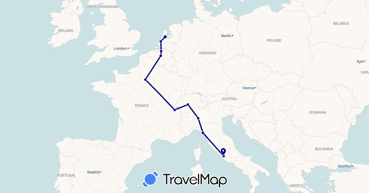 TravelMap itinerary: driving in Belgium, Switzerland, France, Italy, Netherlands, Vatican City (Europe)